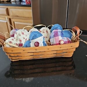 Longaberger Basket with Blue and Red Fabric Hearts